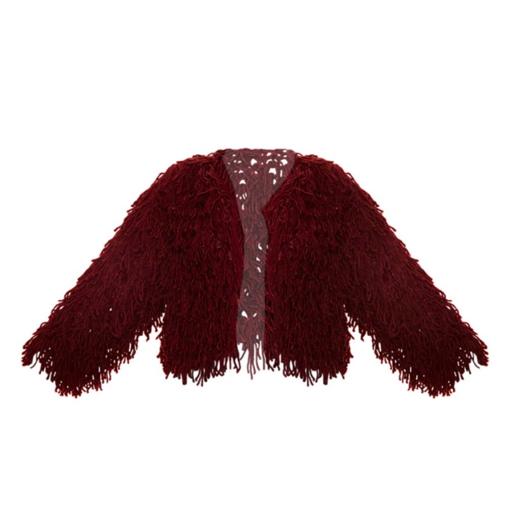 Burgundy Shaggy Knit Cropped Cardigan
